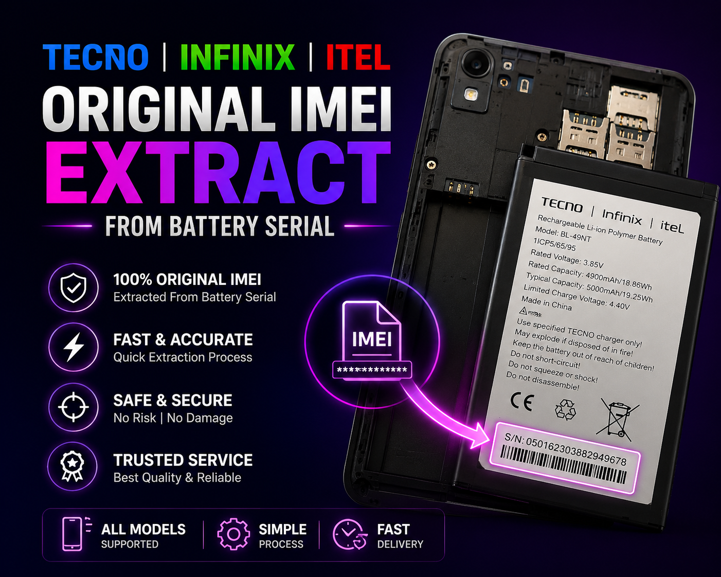 TECNO | INFINIX | ITEL  [ Original IMEI Extract From Battery Serial ] - [ Fast & Reliable Service ]